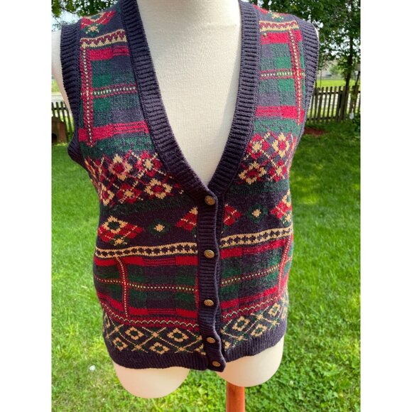 Vintage Alfred Dunner Sleeveless Knit Cardigan Vest Medium With Geometric Patter - Picture 2 of 7